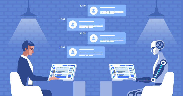 AIロボットとチャットするビジネスマン。24時間対応可能な社内質問チャットボットを象徴
