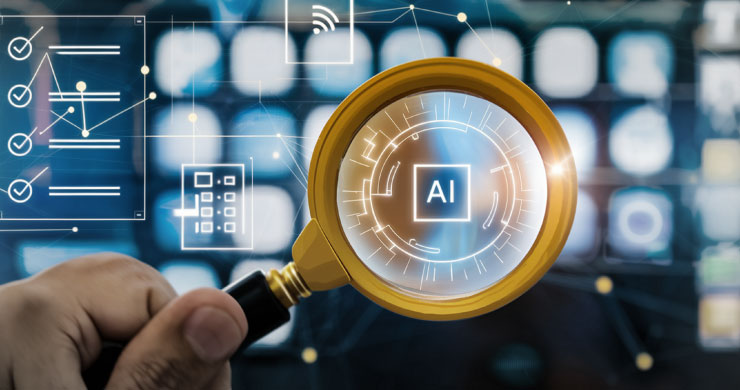 虫眼鏡の中央に白く光る『AI』の文字。その周囲を光の軌跡が交差し、情報を解析している様子。社内ナレッジの検索と活用をイメージ。