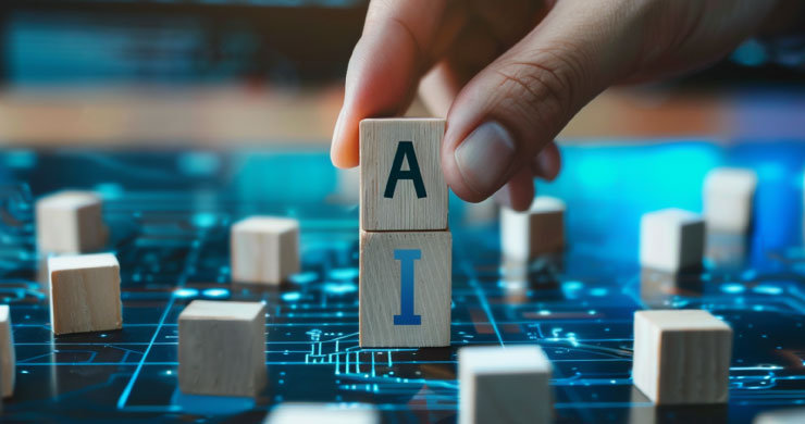 青く光る盤面に小さな木製キューブで『AI』をつくる様子。自社にあったAIツール選びや構築を表現。