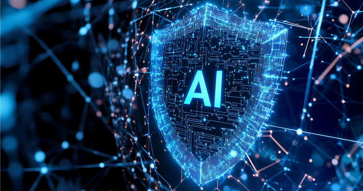 電脳的な回路の中に光でできた盾が浮かび、中央に『AI』と輝く文字。生成AIのセキュリティとガイドライン策定を表現。