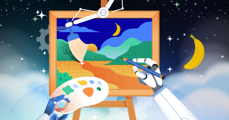 AIが夜景を描いているイラスト。バナナ形の三日月が浮かんでいる。画像生成AI『Nano Banana』を連想させるイメージ。