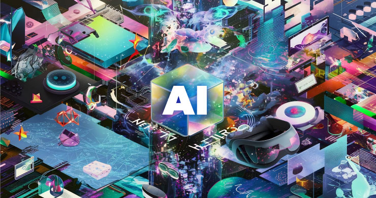 中央に白文字でAIと表示されたキューブ、その周囲をカラフルな立体コラージュが囲む幻想的なデジタルイメージ。『Gemini 2.5 Flash Image』の先進性を象徴するアート風ビジュアル。