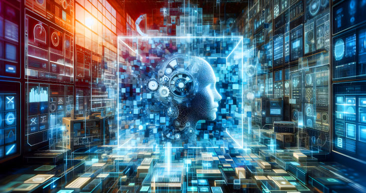 AIを象徴する人型シルエットが膨大な企業情報を高速処理し、反復調査業務を自動化する様子を表すイメージ