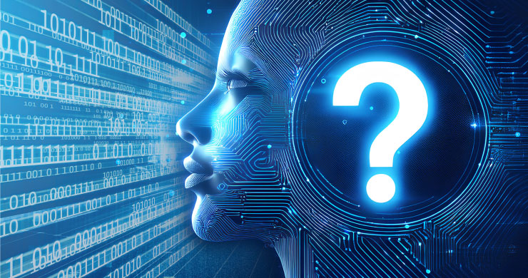 対話型AIが大量処理に戸惑っている。後頭部の「？」が限界や迷いを示す人型AIのイメージ