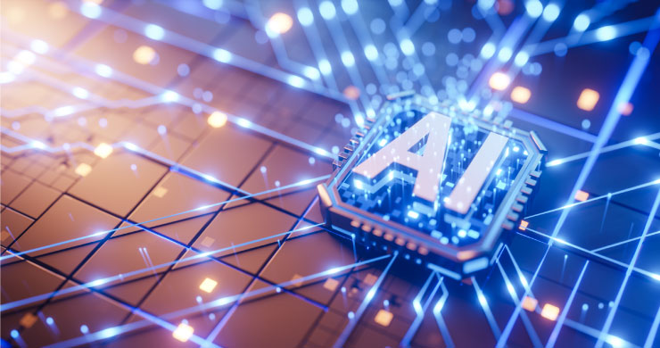 光を放つAIチップに四方八方から情報が集まり、Difyが多様なデータを効率的に処理・自動化する様子を表すイメージ