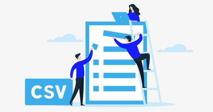 ビジネスマンたちが企業リストの項目をCSVファイルに貼り付けるなど、準備する様子を表すイメージ