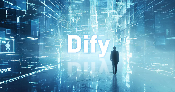 デジタル空間で人が青白く光る「Dify」の方へと向かっていく。GPTs/Gemsから本番運用基盤への移行を象徴するイメージ
