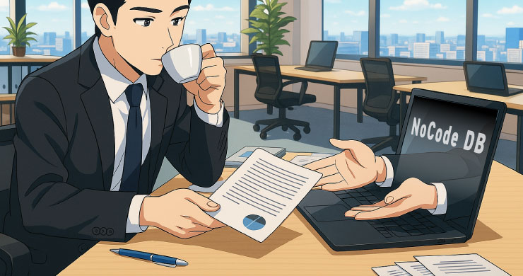オフィスでビジネスマンが、モニタから伸びる手に資料を渡すイラスト。“NoCode DB”で業務をシステム化した環境を表現。