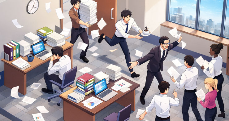 オフィスで大量の紙書類が飛び交い混乱する様子を描いたイラスト。紙やエクセルでは限界があり、データ管理が破綻しやすい状況を表現。