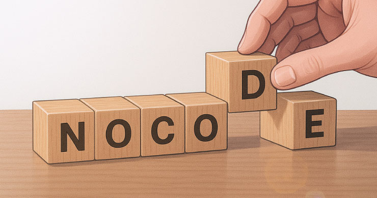 積み木のアルファベットを並べて「NOCODE」を組み上げるイラスト。現場課題を自分たちで解決できるノーコードDBの構築しやすさを象徴。