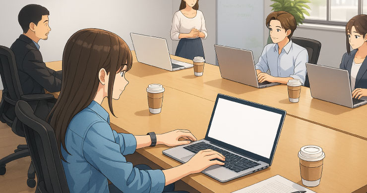 すっきりしたデスクで現場社員がPC作業を行う様子を描いたイラスト。段階的なシステム化と内製化へ取り組む場面を表現。