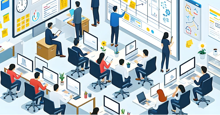 多くの社員がPCで業務を行うオフィスのイメージ画像。自社独自システムと勘定奉行クラウドを連携し、スムーズな業務運用を実現している。