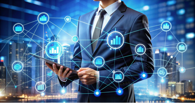 タブレットを手に夜景の中に立つビジネスパーソンを背景に、光の線で結ばれたグラフやファイルが浮かび、API非対応システムともRPA等で自動連携できる柔軟性を象徴するイメージ。