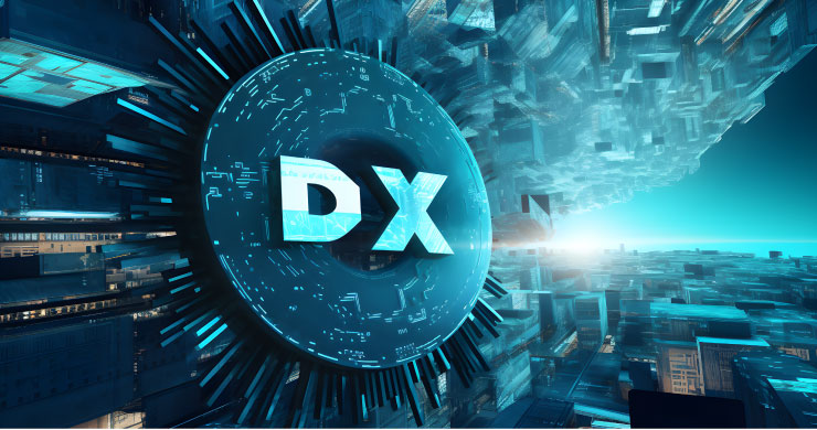 近未来風の都市に朝日が昇り、手前の建物にDXの文字が見える。多様なシステム連携を実現し、DX化の新たな夜明けを切り開く可能性を象徴するイメージ。