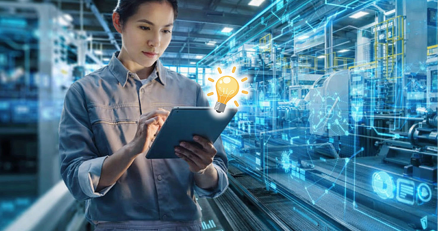 製造現場で作業スタッフがタブレットを操作し、直感的に使えるデータベースで情報を確認・入力しながらDXを進めているイラスト