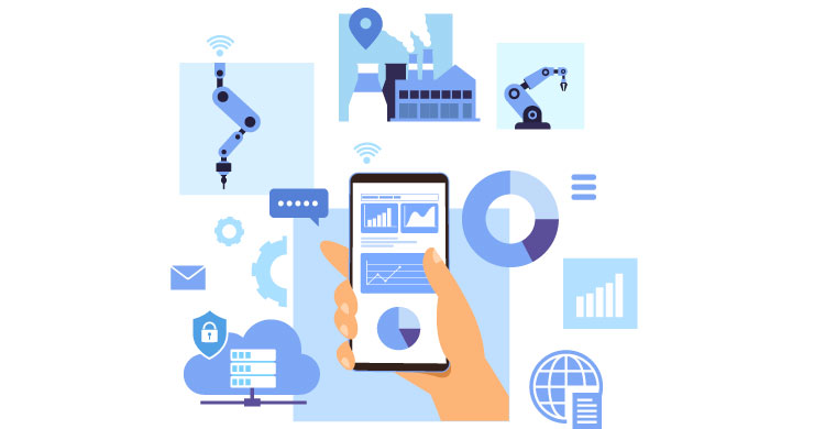 製造現場でスタッフがスマホから直感的にデータベースへアクセスし、必要な情報確認や入力、連携による業務改善を進めているイラスト