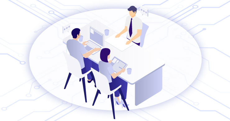 製造現場で支援担当者がスタッフにツールの使い方を丁寧に説明し、伴走支援によって現場主導のDX人材を育成しているイラスト