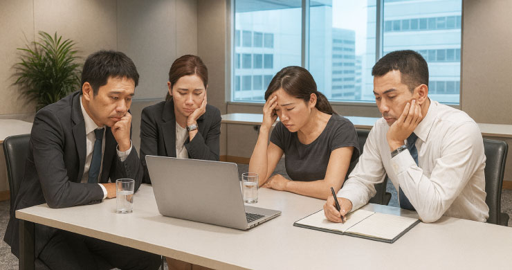 4人のビジネスパーソンがパソコンを囲んでモニタを見つめ思い悩む画像。IT人材不足で現場改善が進まず悩む情シスの状況を表している。