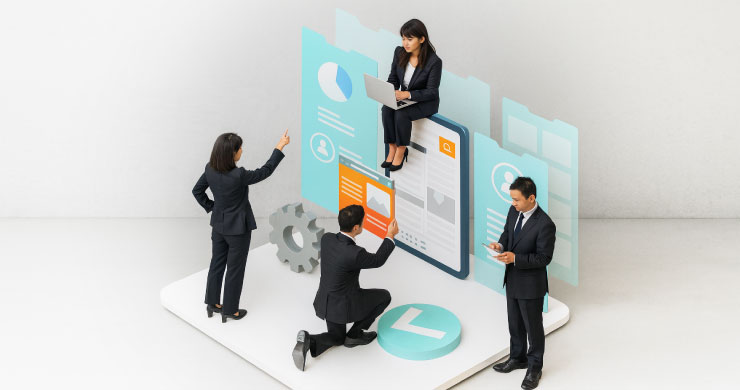 エンジニア不在でも、現場の担当者たちが協力しながらノーコードで業務アプリを組み立て、Excel管理の限界を超えようとしている様子