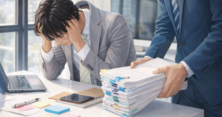 巨大化したエクセルや紙の書類に囲まれ、入力作業や属人化した判断に悩み、現場の限界を感じているビジネスパーソンの姿を表したイメージ