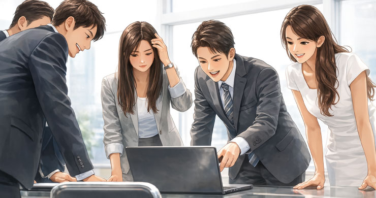 基幹対応に追われるIT部門の外で、現場の担当者たちが使いにくい業務や要望を前に、改善策を自分たちで模索し議論している様子を表したイメージ