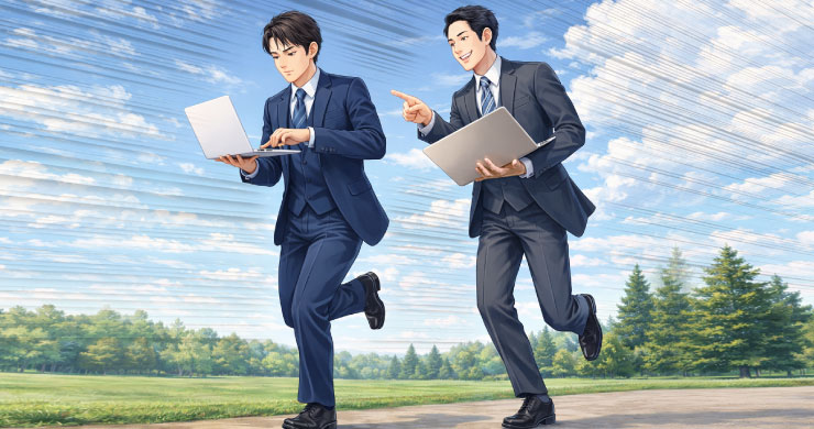 ノーコード活用を進める現場担当者とプロが並走し、ツール選定や業務整理を助言しながら、失敗を防ぎ自走を支える伴走支援を表したイメージ