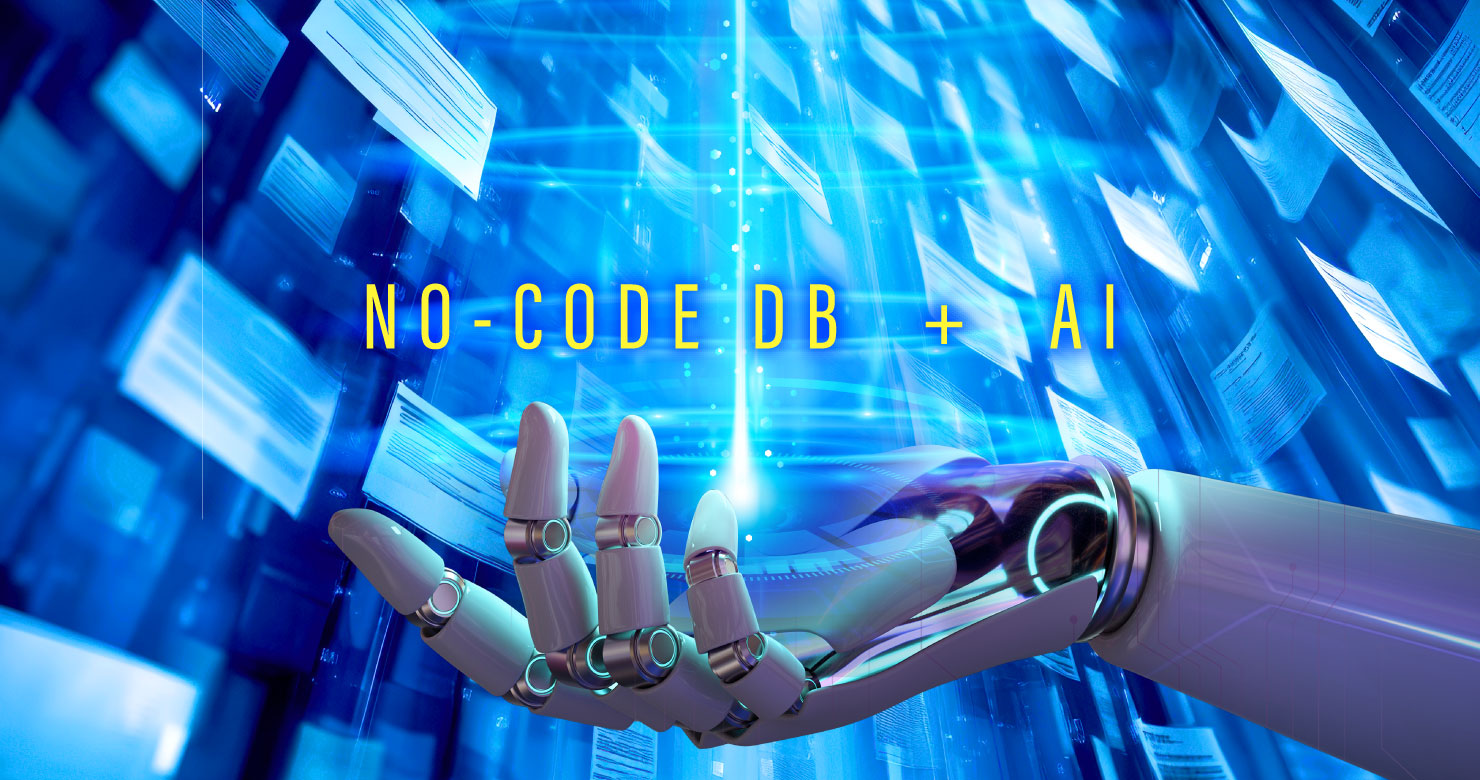 広大なデータベースに蓄積した不具合情報をAIが光で探索し、原因分析と再発防止策を導き出す様子を示す「NO-CODE DB + AI」のイメージ画像