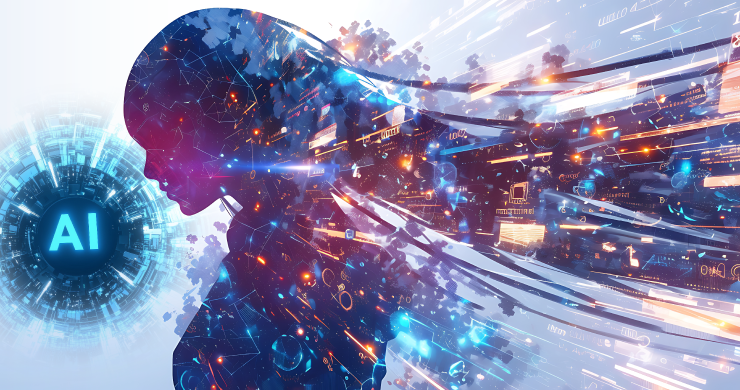 女性シルエット内部にデータが流れ込みAIが強化されていくイメージ。テンダ×Almondoの高精度RAG・AIエージェント活用を想起させるイメージ。