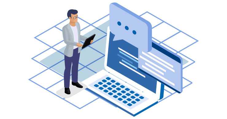 男性がPCモニタ前でAIと対話し、社内文書や技術情報を横断検索して最適回答を得るRAG Martの活用イメージとして、業務効率化とFAQ精度向上を表すシーン。