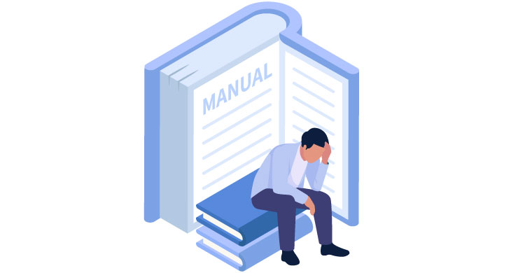 大きなマニュアルを前に男性が疲れた様子で座り込んでいるイメージ。散在ナレッジや属人化、低精度FAQなど情報探索の負担が大きい現状を象徴するイメージ。