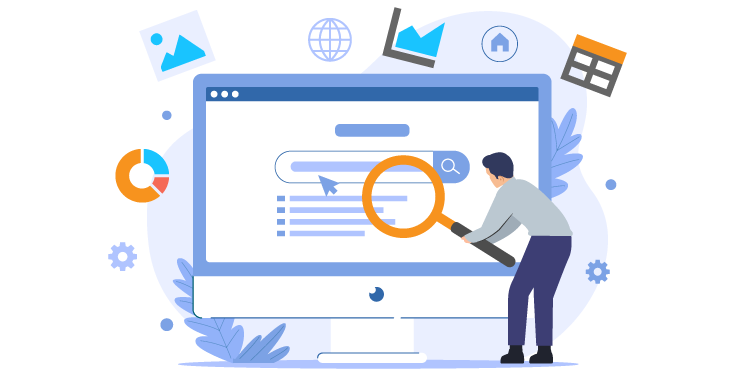 男性がPCモニタに虫眼鏡を当てて頑張って検索している、暗黙知や図表中心の技術文書では従来のキーワード検索に限界がある課題を象徴的に示すイメージ。