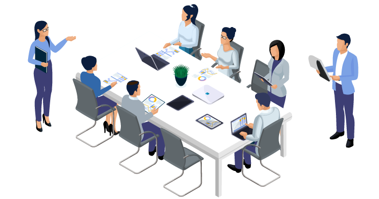 会議中のメンバーが発言し、その内容をAIが文字起こし・要約・アクション抽出などに活用し、議事録作成支援やFAQ連携など代表的な利用シーンを示すイメージ。