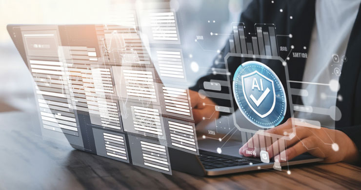Microsoft365 Copilot Chatで社内資料を作成するビジネスマンと、データ保護を象徴する盾が描かれた、安心して業務に使えるAIのイメージ