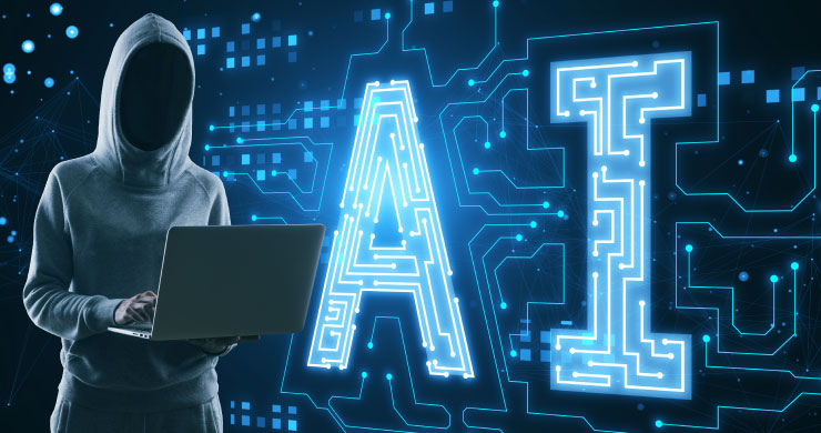 個人向けCopilot利用による情報流出リスクを示すイメージ。怪しい人物と拡散するAIの光が、シャドーAIの危険性を表現している