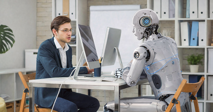 社内データを理解したAIロボットと対話し、資料要約やアイデア出しを行うビジネスマンの様子を表した業務活用イメージ