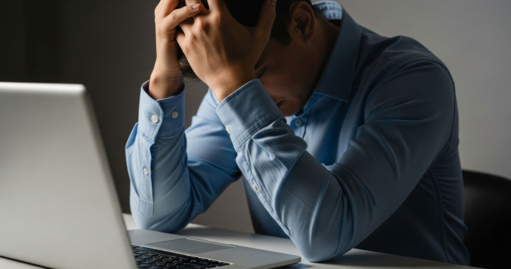 会社指定ツールの使い勝手が悪く、業務効率が上がらず苦悶するビジネスマン。効率化を求めシャドーITに走りかねない現場の葛藤を表す様子