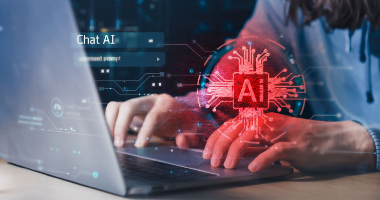 ビジネスマンが生成AIに機密情報を入力する画面に赤いノイズが走り、情報漏洩やハルシネーションなどシャドーAIの危険性を示唆する様子