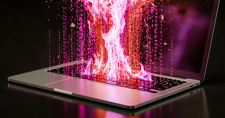 ノートPCから機密データが赤い光となって社外へ流出する様子。シャドーIT/AI放置による重大な情報漏洩リスクを象徴する光景