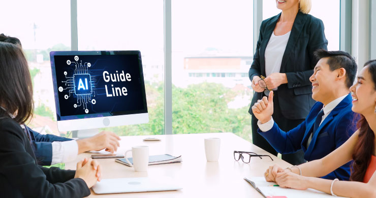 社内AI利用ガイドラインを策定し、IT部門と現場社員が集まって共有・議論する様子。禁止だけでなく攻めの対策を進める体制づくりを示す光景