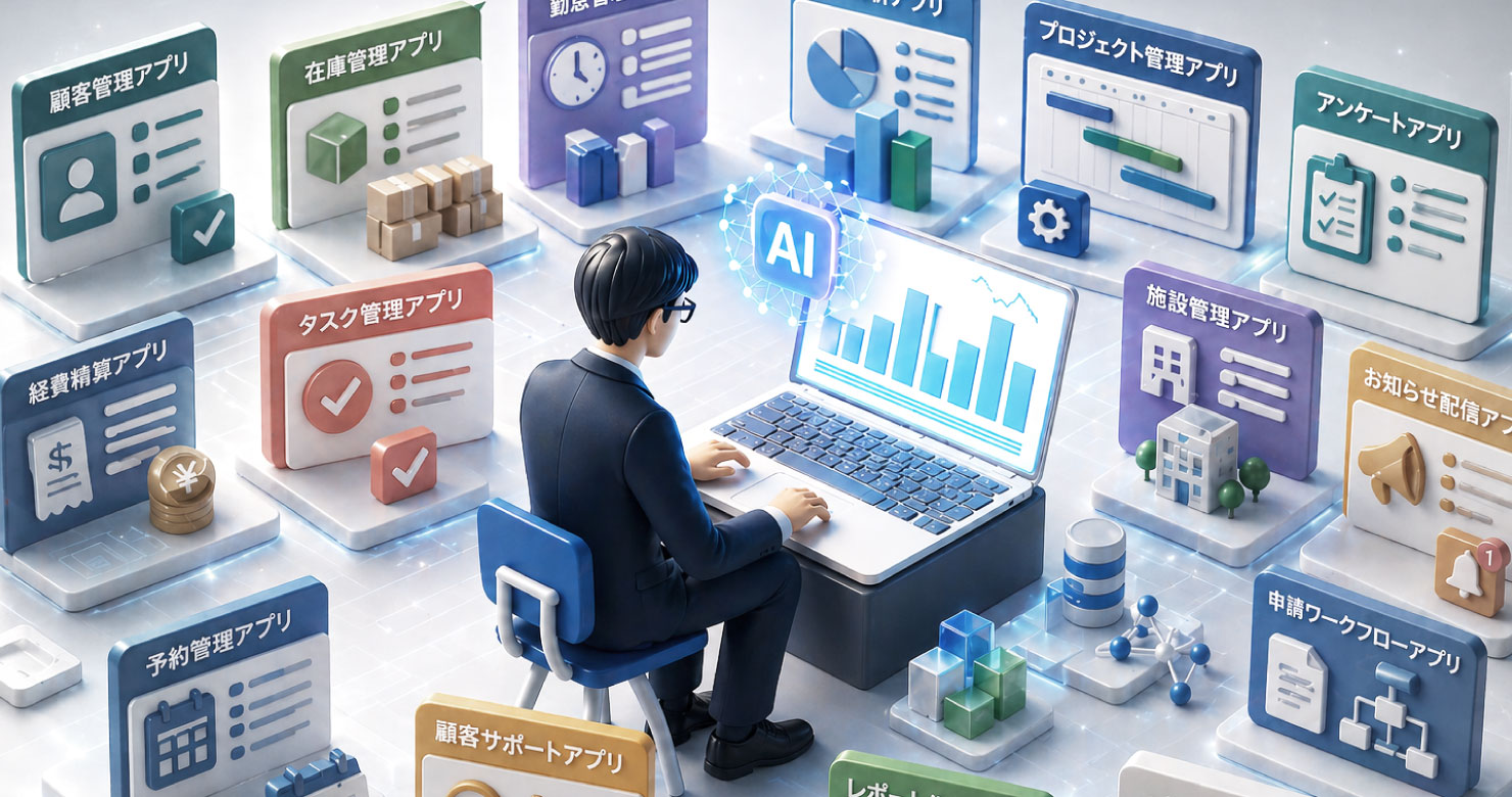 AIを中心に複数の業務アプリが可視化され、ノーコード市民開発を統制・管理しながら安全なDXを実現するイメージ