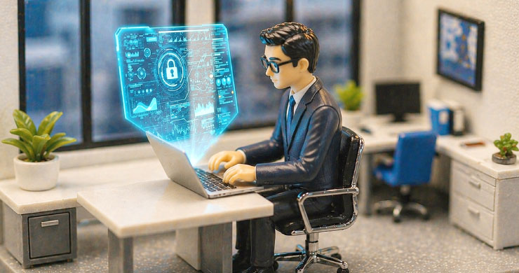 PC上にセキュリティ情報を可視化しながら作業する人物が、可視化・所有者管理・権限最小化・監視を含む統制強化を象徴するイメージ