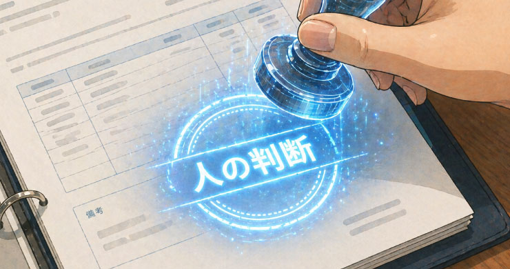 書類に「人の判断」と押印する手元、AIが自律処理を担い人は例外判断に集中するエージェンティックAI時代への進化を示すイメージ