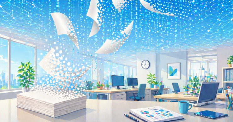 紙の書類がデジタルデータへと変換されていくオフィス風景、AIエージェント活用に向けたデータ整備と分断解消の重要性を示すイメージ